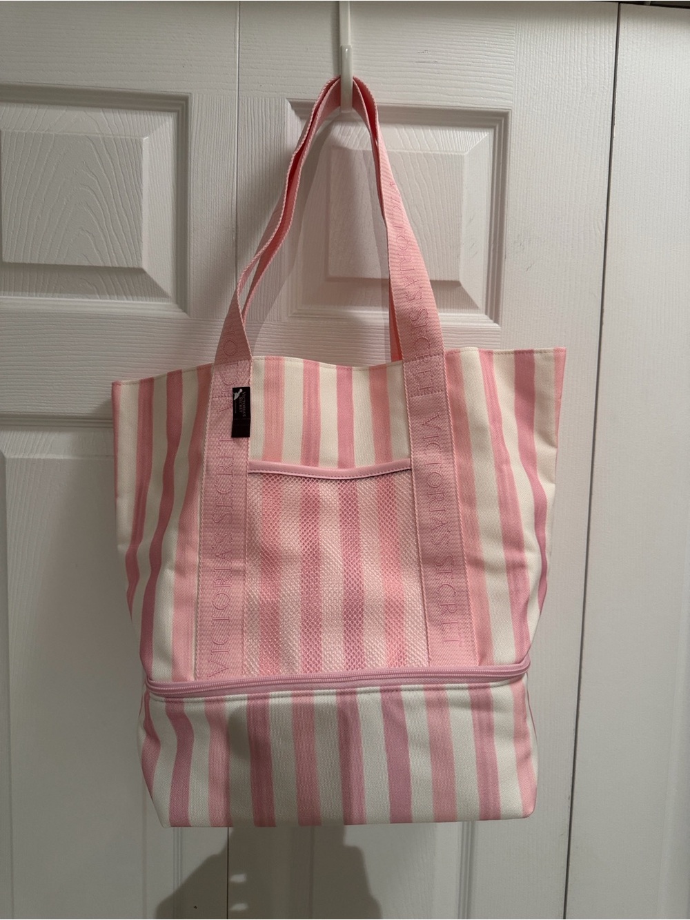 Victoria's Secret Pink and White Striped Canvas Tote with Front Pocket